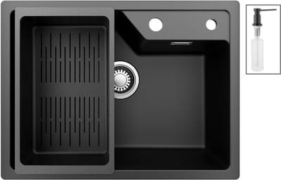 CECIPA Max Granieten Spoelbakken (65*45cm) - Spoelbak Keuken Met Zeepdispenser - Wasbak Keuken Met Waterafvoersysteem en Wasbak Vergiet - Zwart
