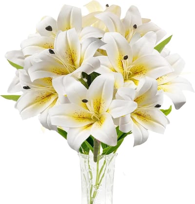 Witte Kunstlelie Bloemen met Lange Stelen voor Thuis, Hotel en Feestdecoratie, Volle Bloei en Tijgerlelie Boeketten