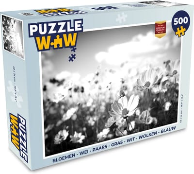 Puzzel Bloemen - Wei - Paars - Gras - Wit - Wolken - Blauw - Legpuzzel - Puzzel 500 stukjes