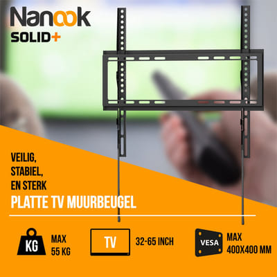NANOOK vaste tv-wandbeugel 32–65 inch | Solid+ Ultradun & stabiel | VESA tot 400x400 | Draagkracht tot 55 kg | Geschikt voor alle gangbare tv’s | Incl. montagemateriaal | Eenvoudige montage
