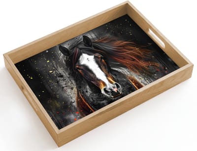 Dienblad hout 40x30 cm - Schootdienblad - Paard - Dieren - Zwart - Luxe - Modern - Borrelplank rechthoek - Plateau dienbladen