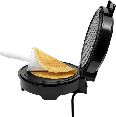 IJskorrelmachine - Wafelijzer Kegels - Zelfgebakken Broodjes - Instelbare Thermostaat - 20 cm Plaat - Zwart