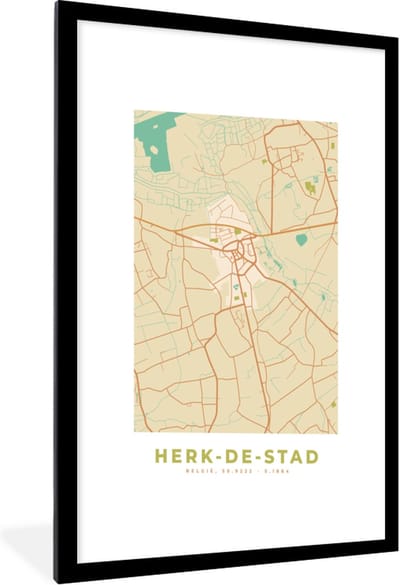 Fotolijst incl. Poster - Plattegrond - Stadskaart - Herk-de-Stad - België - Kaart - 60x90 cm - Posterlijst