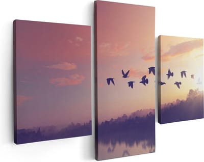 Artaza Canvas Schilderij Drieluik Silhouet Vogels Tijdens Zonsondergang - 90x60 - Foto Op Canvas - Canvas Print