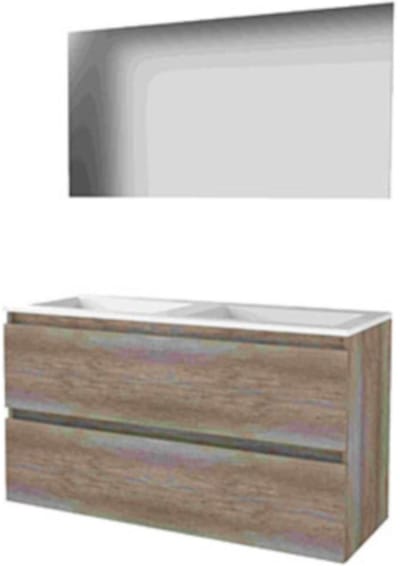 Basic-Line Ultimate 46 Badkamermeubelset - 120 x 46 cm - Greeploos - 2 Lades - Acryl Wastafel - Zonder Kraangat - Spiegel met Indirecte LED Verlichting - Scotch Oak