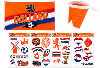 Holland Decoratiepakket WK 2026 - Holland Vlag 90x60 cm + Voetbal Raamstickers + 20 Meter Oranje Vlaggenlijn