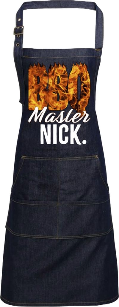 Grappig persoonlijk schort voor de BBQ liefhebber - BBQ Master met naam - Spijkerstof - Blauw - Print