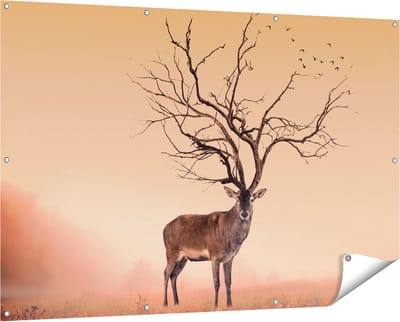 Gards Tuinposter Hert met een Bomen Gewei - 150x100 cm - Tuindoek - Tuindecoratie - Wanddecoratie buiten - Tuinschilderij