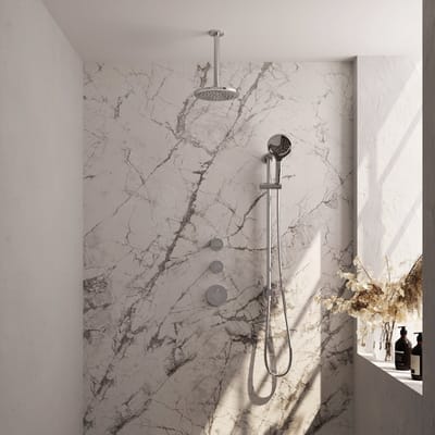 Brauer Chrome Edition thermostatische inbouw regendouche SET 23 met 20 cm douchekop en plafondarm en 3-standen handdouche en doucheslang en geïntegreerde glijstang chroom