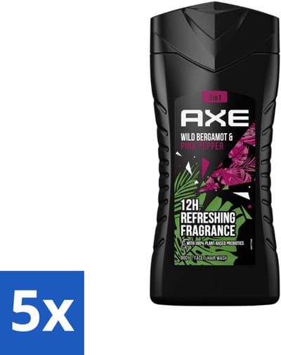 5 x Axe - 3-in-1 Douchegel - Wild Bergamot & Pink Pepper - 100% Plantaardig - 250 ml - Voordeelverpakking - 5 stuks