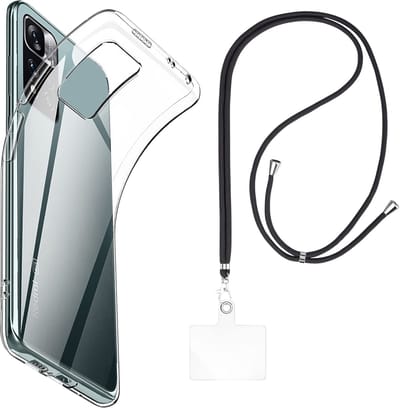 Set met hoesje en nekband voor xiaomi redmi note 11 pro plus 5g - Flexibele, transparante TPU-bescherming, verstelbare universele nekband voor mobiele telefoons, zwarte nekband, transparante draagriem van Phonillico®