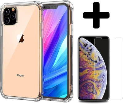 Hoesje - Met Screenprotector - Geschikt voor Apple iPhone 11 Pro - Sterk & Shockproof - Siliconen Case - Back Cover - Telefoon Hoes - Shock Proof - Telefoonhoesjes - Transparant