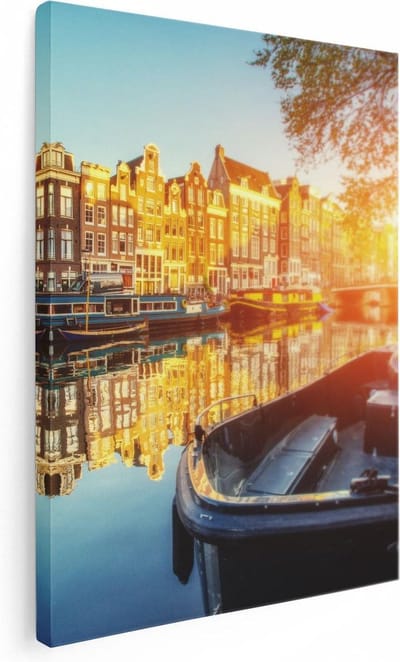 Artaza Canvas Schilderij Amsterdamse Grachten - 30x40 cm - Klein - Wanddecoratie Skyline - Muurdecoratie Zon - Kamer Accessoires Boot