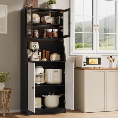 Keukenkast, dressoir met LED-verlichting, buffetkast, met 4 deuren, glazen deur, groot bureaublad en opbergruimte, keuken, woonkamer, eetkamer, 180x70x40CM, Zwart