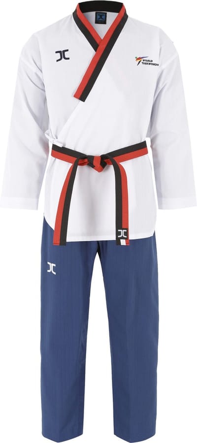 JCalicu poomsae taekwondopak poom jongen | WT | Wit / Blauw (Maat: 130)