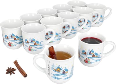 Set van 12 glühwein mokken in wit met kleurrijk kerstlandschap 0,2L gekalibreerd