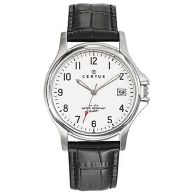 Certus-Duidelijk heren horloge-Datumaanduiding-Zwart lederen band.
