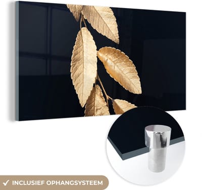 MuchoWow® Glasschilderij 120x60 cm - Schilderij acrylglas - Bladeren - Zwart - Goud - Luxe - Planten - Foto op glas - Schilderijen
