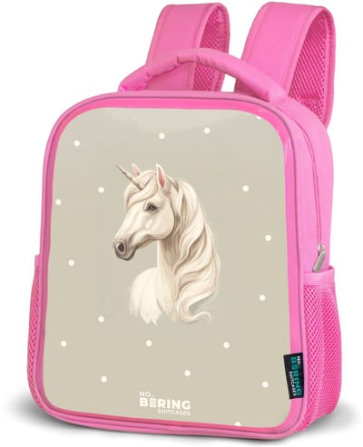 NoBoringSuitcases.com® - Rugzak roze - Schooltas meisjes - Eenhoorn omringd door stippen in neutrale kleuren - Kinder rugtas meisje - Boekentas kind - Kinderrugzak voor school - Schoolrugzak
