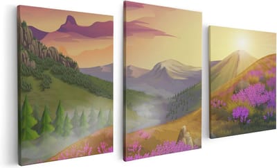 Artaza Canvas Schilderij Drieluik Lavendel Bloemen In De Bergen - Abstract - 120x60 - Foto Op Canvas - Canvas Print