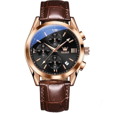 Olevs HerenHorloge - Lederen Band - Polshorloge - Heren - Horloge - Horlogedoos - Mannen - Rosé en zwart - Polsband Bruin