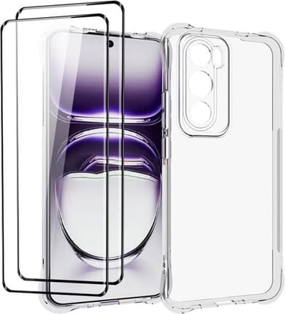 Casemania Hoesje Geschikt voor Oppo Reno 12 - Transparant & 2X Glazen Screenprotector - Anti Shock Hybrid Back Cover