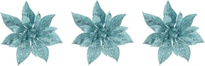 Cosy & Trendy Decoratie bloem - 3x stuks - kerstster - op clip - blauw - glitter -15 cm - kunststof - kerstversiering