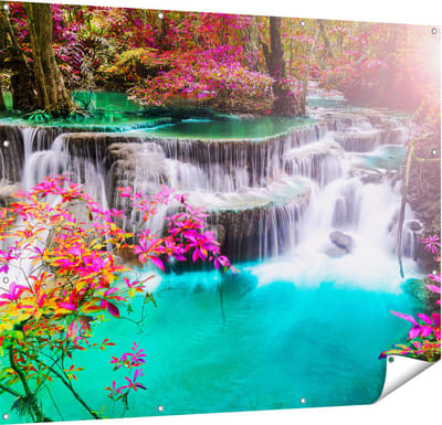 Gards Tuinposter Waterval in de Herfst met Kleurrijke Bloemen - 150x120 cm - Tuindoek - Tuindecoratie - Wanddecoratie buiten - Tuinschilderij