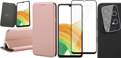 Hoesje geschikt voor Samsung Galaxy A33 - Book Case Kunstlederen Wallet Cover Minimalistisch Pasjeshouder Hoes Roségoud - Full Tempered Glass Screenprotector - Camera Lens Protector