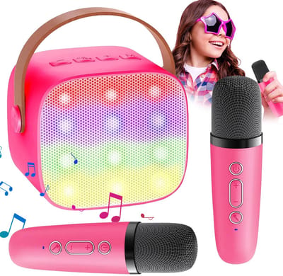 Karaoke Machine - Karaoke Machine voor Kinderen - Bluetooth-karaoke - Draagbare - 2 Microfoons - 4 Stemveranderende Modi - Lange Batterijduur - Roze