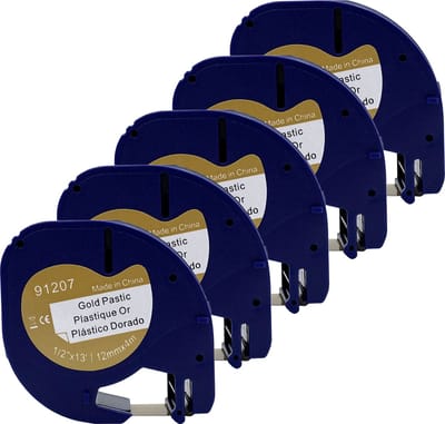 DULA - Dymo LetraTag 91207 - S0721612 - Label Tape - Zwart op Goud plastic - 12mm x 4m - 5 Stuks