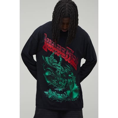 Oversized Long Sleeve Judas Priest Acid Wash License Print T-Shirt | Washed Black | Size Small
