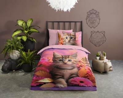 Good Morning dekbedovertrek kitten poes - 1 persoons 140x200/220 cm - Roze - 100% Katoen renforc�