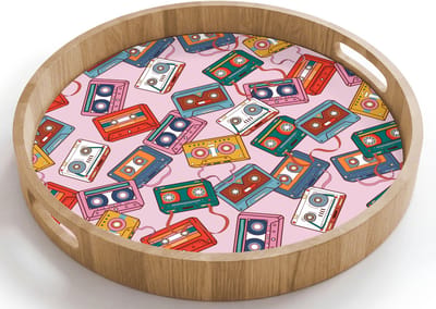 Dienblad rond 40x40 cm - Schootdienblad hout - Cassette - Patroon - Roze - Borrelplank rechthoek - Plateau houten dienbladen