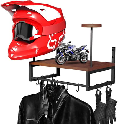 Muurbeugel voor Helmen, Wandmontage voor Motorhelmen, Met Houten Plank en 2 Standaards voor Motor, Fiets en Voetbaluitrusting