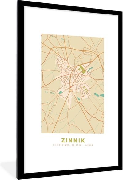 Fotolijst incl. Poster - Kaart - Stadskaart - België - Zinnik - Plattegrond - 60x90 cm - Posterlijst