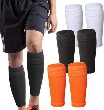 Dailygoods - Scheenbeschermerhouders, 3 paar, voetbalscheenbeschermers, sokken, anti-slip steunhouders, voetbal, scheenbeschermers, houder voor kinderen, volwassenen en beginners, zwart, wit, oranje