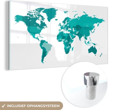 ® Glasschilderij 80x40 cm - Schilderij acrylglas - Wereldkaarten - Wit - Blauw - Foto op glas - Muurdecoratie woonkamer - Wanddecoratie slaapkamer - Schilderijen