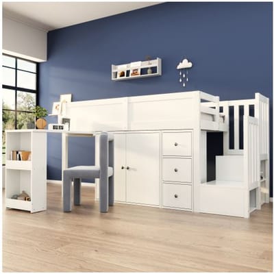 Lit mezzanine pour enfant - MUVOE - 90x200 - Bureau coulissant - Rangements intégrés - Blanc blanc