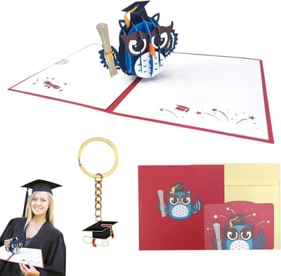 Unieke 3D Pop-up Kaart met Blauwe Uil en Afstudeerhoed, Inclusief Bachelorkap Sleutelhanger - Ideaal Afstudeercadeau voor Studenten en Feestelijke Gelegenheden