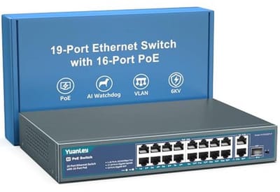 16-poorts PoE-switch met 2 Gigabit Ethernet-uplink, 1 SFP-poort, 250 W PoE+-ondersteuning, onbeheerd met AI Watchdog en VLAN, 6KV-bescherming