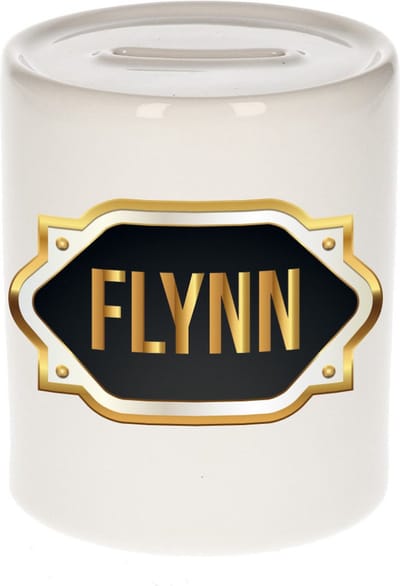 Spaarpot met voornaam Flynn - wit - met goud/zwart embleem - 8 x 9 cm - keramiek - met afsluitdop - cadeau verjaardag
