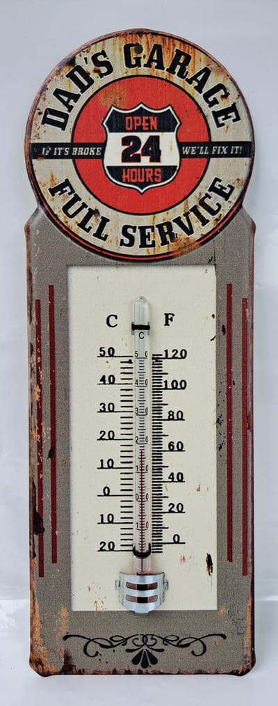 Blikken thermometer HK170 Dad,s garage Full Service voor binnen of buiten hoogte 30 cm - celsius en fahrenheit - nostalgic vintage papa garage