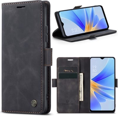 Geschikt Voor Oppo A17 Hoesje - Solidenz Urban Bookcase - Telefoonhoesje - Case Met Pasjeshouder - PU Leren Hoes - Draadloos Opladen - Zwart