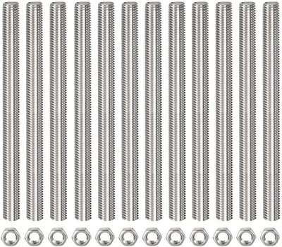 12 stuks M10 x 400 mm volledige schroefdraad staaf met zeskantige moeren en 304 roestvrij staal schroefdraadstaven voor stevige bevestiging en constructie