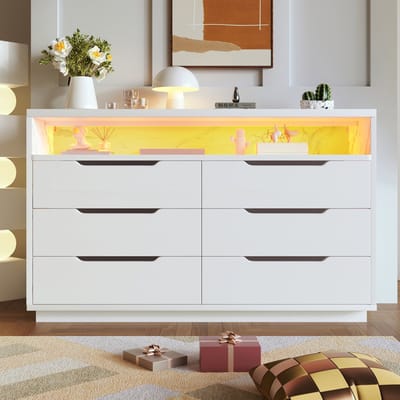 MODFU - Dressoir - Led-Verlichting En 6 Laden - Modern - Voor Woonkamer Of Slaapkamer - Spaanplaat - Wit - 120 X 40 X 85 Cm
