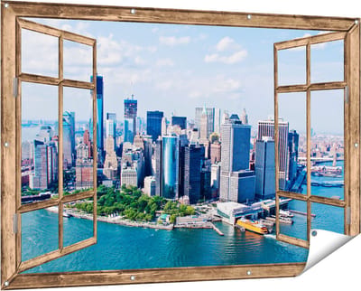 Gards Tuinposter Doorkijk New York Als een Eiland vanuit de Lucht - 150x100 cm - Tuindoek - Tuindecoratie - Wanddecoratie buiten - Tuinschilderij