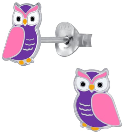 Joy|S - Zilveren uil oorbellen - roze paars