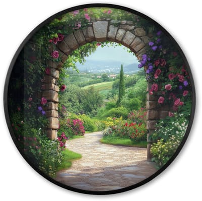 Poster in lijst Rond - Fotolijst 60x60 cm - Posters - Doorkijk - Landschap - Bloemen - Pad - Uitzicht - Ronde posterlijst zwart - Decoratie - Wanddecoratie woonkamer - Muurdecoratie slaapkamer
