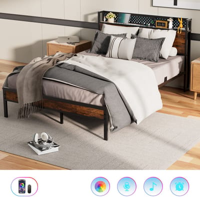 Auralum MAX Tweepersoonsbed 140x200 cm - Stevig Metalen Bedframe - Volwassenbed met LED Verlichting - Stopcontacten, USB & Type-C Poorten - Hoofdbord met Opbergruimte - Modern & Duurzaam Design